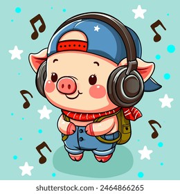 Cartoon cute piglet in a cap and headphones. Vector illustration.