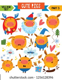 Cartoon cute pigs in different poses. Part 3. Vector set for winter decoration, web, card, poster or t-shirt.