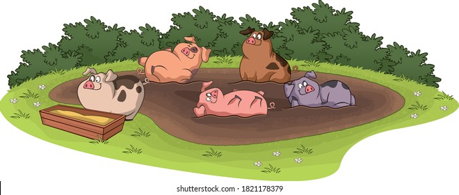 Cartoon cute pigs in the mudd. Funny happy pigs playing in the puddle of mudd.
