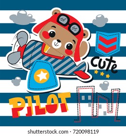 Cartoon cute pilot bear riding an airplane flying over city on striped background illustration vector.