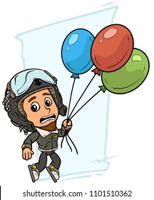 Cartoon cute pilot boy character flying on colored air balloons in protective helmet. On blue background. Vector icon.