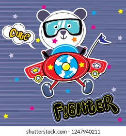 Cartoon cute pilot little panda flying with airplane on striped background illustration vector