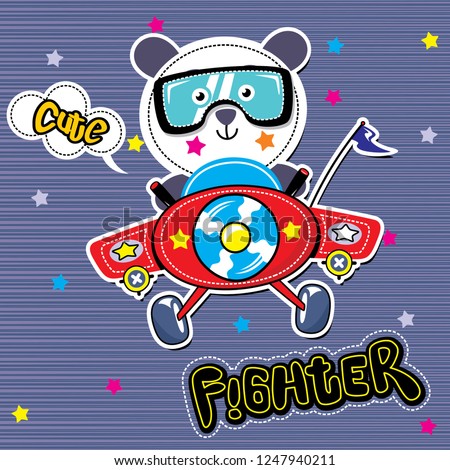 Cartoon cute pilot little panda flying with airplane on striped background illustration vector
