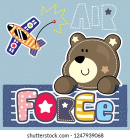 Cartoon cute pilot teddy bear flying with airplane on striped background illustration vector. 