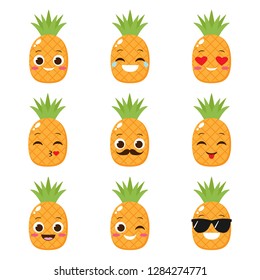 Cartoon cute pineapple with different expressions. Happy fruit vector set of emojis