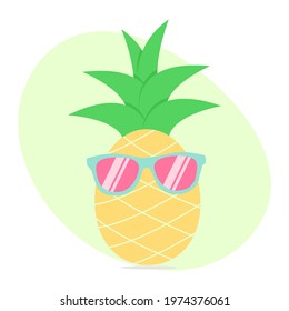 Cartoon, cute pineapple in pink glasses. Isolated image. Vector illustration