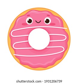 Cartoon cute pink donut with happy face. Sweet pastry vector illustration. Funny food emoji