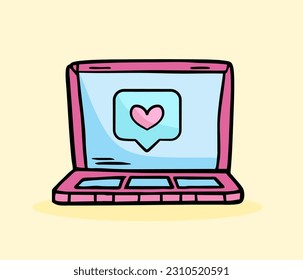 cartoon of a cute pink laptop and a like icon on the screen