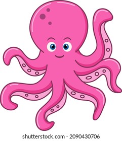 Cartoon cute pink octopus on white background