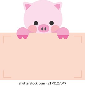 Cartoon cute pink pig holding memo. Frame for photo, text, note, sticker, label. Little animal to do list card. Isolated on white background, vector, illustration, EPS10