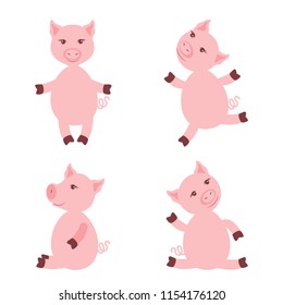 Cartoon cute pink pigs isolated on white background, colorful vector illustration farmer domestic animals, Character design for greeting cards, children invitation, creation of alphabet, baby shower