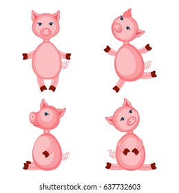 Cartoon cute pink pigs isolated on white background, colorful vector illustration farmer domestic animals, Character design for greeting card, children invitation, creation of alphabet, baby shower
