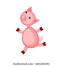 Cartoon cute pink pigs running isolated on white, colorful vector illustration farmer domestic animals, Character design for greeting cards, children invitation, creation of alphabet, baby shower