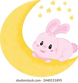 Cartoon cute pink rabbit sleeping on the moon.	