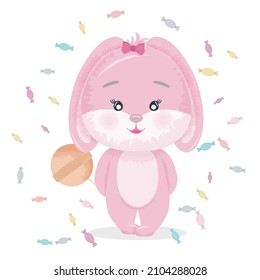 A cartoon cute pink slicker stands with a lollipop