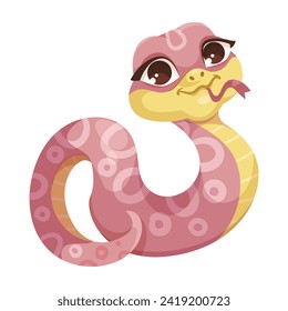 Cartoon cute pink snake isolated on white background. Little child snake character. Chinese horoscope zodiac sign, year of the snake 2025. Friendly character of smiling reptile. Vector illustration