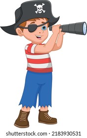 cartoon cute pirate boy holding monocular