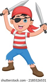 cartoon cute pirate boy holding sword