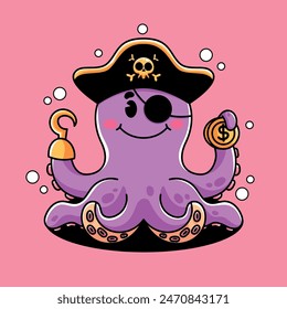 Cartoon cute pirate octopus with gold coin