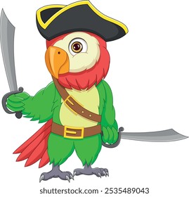 cartoon cute pirate parrot holding swords