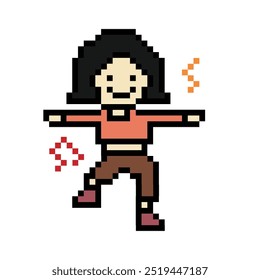 Cartoon cute pixel 8bit character woman exercises training dance lifestyle music decoration life style 8 bit female girl dance with music game fitness isolated PNG vector.