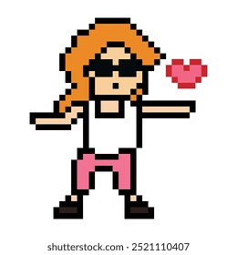 Cartoon cute pixel 8bit character woman exercises training dance lifestyle music decoration life style 8 bit female girl dance with music game fitness isolated vector.