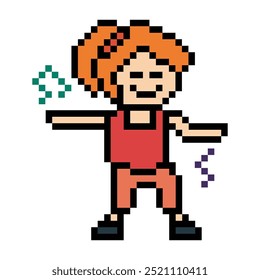 Desenho animado pixel bonito mulher personagem de 8 bits exercícios de treinamento dança estilo de vida de decoração de música estilo de vida feminino 8 bits dança com o jogo de música fitness vetor isolado.