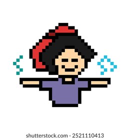 Cartoon cute pixel 8bit character woman exercises training dance lifestyle music decoration life style 8 bit female girl dance with music game fitness isolated vector.