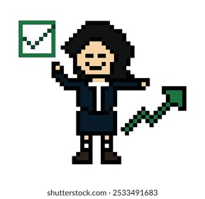 Dibujos animados lindos píxeles de dibujos animados 8bit personaje mujer de negocios oficina inteligente juego de trabajo para el negocio de la decoración 8 bit mujer de negocios maestro de carrera personaje inteligente juego de Vector.