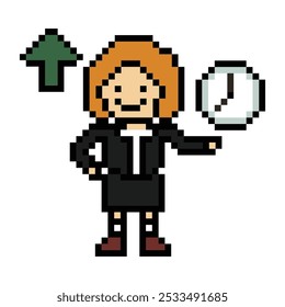 Dibujos animados lindos píxeles de dibujos animados 8bit personaje mujer de negocios oficina inteligente juego de trabajo para el negocio de la decoración 8 bit mujer de negocios maestro de carrera personaje inteligente juego de Vector.