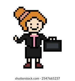 Dibujos animados lindos píxeles de dibujos animados 8bit personaje mujer de negocios oficina inteligente juego de trabajo para el negocio de la decoración 8 bit mujer de negocios maestro de carrera personaje inteligente juego de Vector.