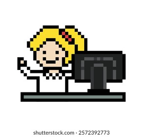 Cartoon cute pixel cartoon 8bit character business woman office smart work game for decoration business 8 bit female lady teacher businesswoman career smart character game 8bit vector.