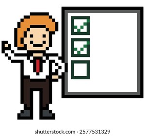 Cartoon cute pixel cartoon 8bit character business man businessman smart work check list decoration business 8 bit male career to do character office work game 8 bit vector.