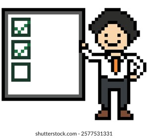 Cartoon cute pixel cartoon 8bit character business man businessman smart work check list decoration business 8 bit male career to do character office work game 8 bit vector.