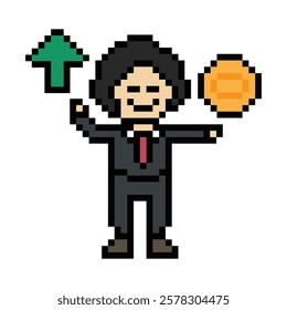 Cartoon cute pixel 8bit character business man office save money investment for decoration business 8 bit male boy coin save money businessman character game 8 bit vector.