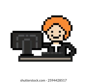 Cartoon cute pixel cartoon 8bit character business man businessman smart work game for decoration business 8 bit male computer work smart character game 8bit vector.