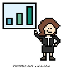 Cartoon cute pixel cartoon 8bit character business woman office smart work graph game decoration business 8 bit female lady businesswoman career character vector.