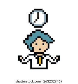 Cartoon cute pixel cartoon 8bit character business man time management work deadline decoration 8 bit male schedule smart character 8bit vector.