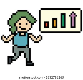 Cartoon cute pixel cartoon 8bit character business woman office smart work graph game decoration business 8 bit female lady businesswoman career character vector.