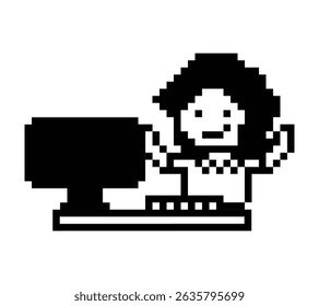 Cartoon cute pixel cartoon 8bit character reception woman office smart work game computer business 8 bit female lady businesswoman secretary character 8bit vector.