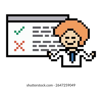 Cartoon cute pixel cartoon 8bit character business man businessman smart work check list decoration business 8 bit male plan to do character office work game 8 bit vector.
