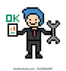 Desenho animado pixel bonito 8bit engenheiro de personagem homem corrigir problema melhoria para decoração 8 bit masculino menino engenheiro masculino resolver problema vetor de jogo de personagem.