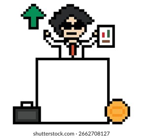 Dibujos animados lindo píxel de dibujos animados 8bit personaje hombre de negocios hombre de negocios inteligente trabajo juego de decoración de negocios 8 bit carrera masculina inteligente juego de personajes 8bit Vector.