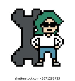 El hombre lindo del ingeniero del carácter del pixel 8bit de la historieta fija la mejora del problema para la decoración El ingeniero masculino del muchacho de 8 bits soluciona el Vector del juego del carácter del problema.