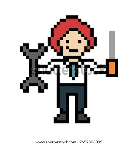 Cartoon cute pixel 8bit character engineer man fix problem improvement for decoration 8 bit male boy male engineer solve problem character game vector.