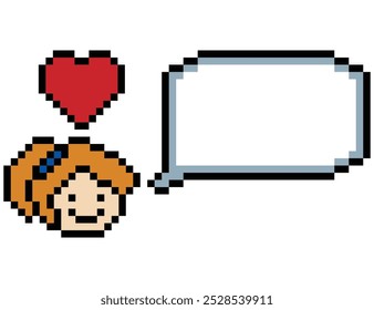 Cartoon cute pixel character face woman with chat blank decoration 8 bit female girl say speak discuss idea chat box cartoon pixel game vector.