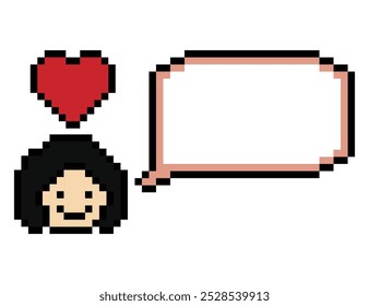 Cartoon cute pixel character face woman with chat blank decoration 8 bit female girl say speak discuss idea chat box cartoon pixel game vector.