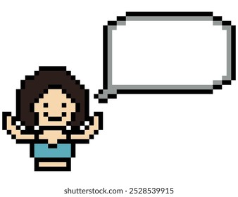 Cartoon cute pixel character face woman with chat blank decoration 8 bit female girl say speak discuss idea chat box cartoon pixel game vector.