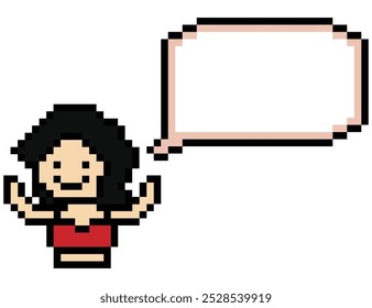 Cartoon cute pixel character face woman with chat blank decoration 8 bit female girl say speak discuss idea chat box cartoon pixel game vector.