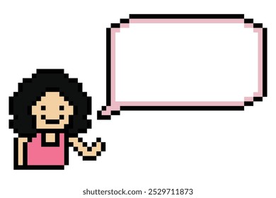 Cartoon cute pixel character face woman with chat blank decoration 8 bit female girl say speak discuss idea chat box cartoon pixel game vector.